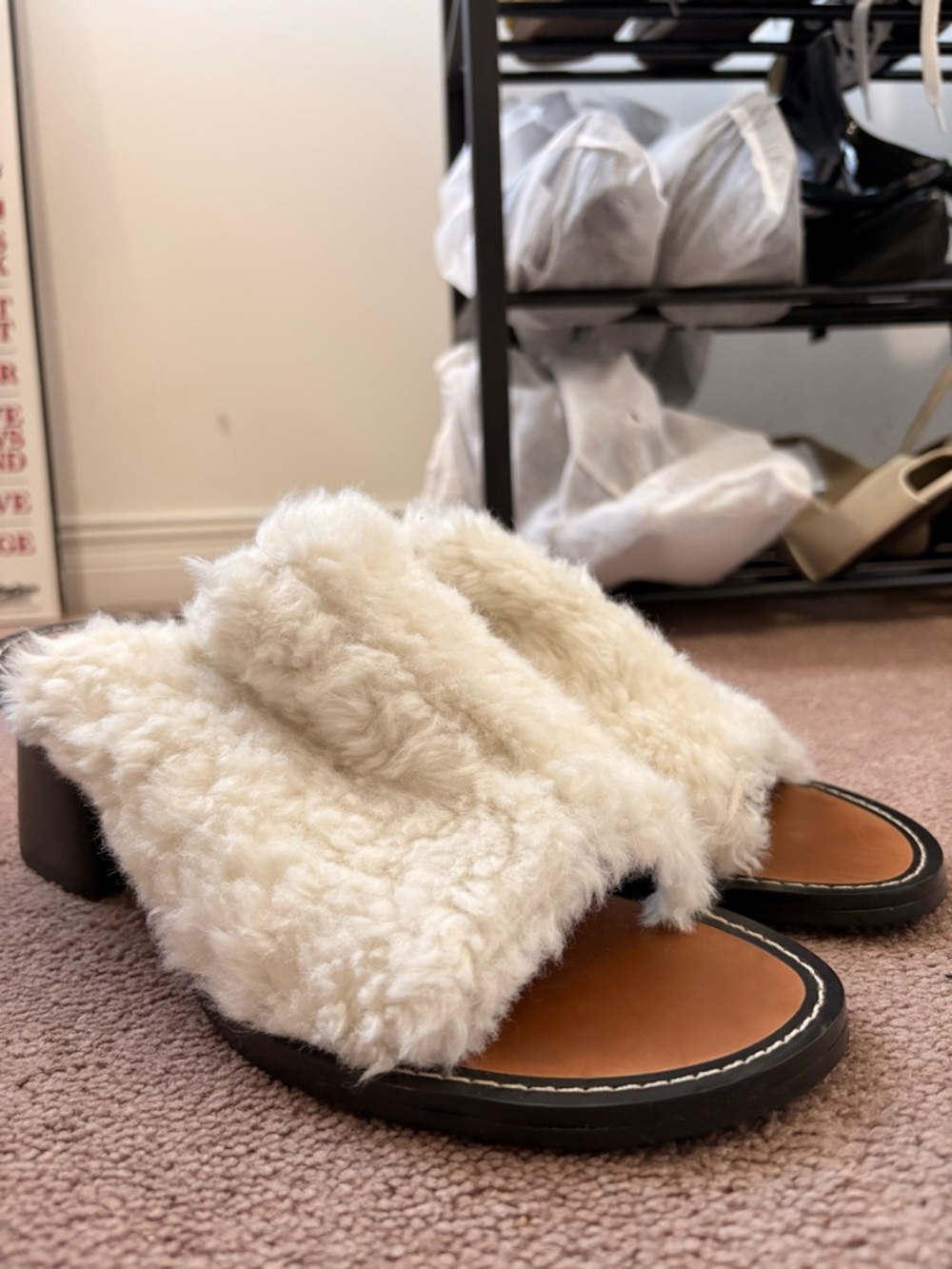 Zara Faux-Shearling Mule Sandals in Cream